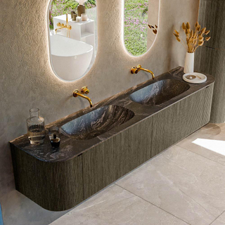 Mondiaz KURVE-DLUX Badkamermeubelset - 200x46x40cm - 2 lade - 2 deuren - wastafel solid surface - dubbel - zonder kraangat - Shadow