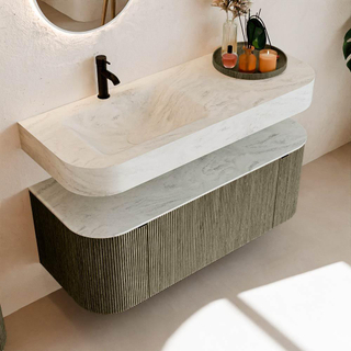 MONDIAZ THOR-DLUX 120cm meuble de salle de bains arrondi gauche + droite couleur Shadow avec 1 tiroir et 2 portes. Vasque suspendue CLOUD Gauche 1 trou de robinet couleur Opalo.