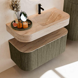 MONDIAZ THOR-DLUX 100cm meuble de salle de bains arrondi gauche + droite couleur Shadow avec 1 tiroir et 2 portes. Vasque suspendue CLOUD Droite 1 trou de robinet couleur Saba.