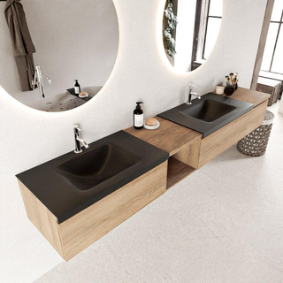 MONDIAZ BUKLA 240cm badmeubel met open module 40 links kleur Washed Oak met 3 lades. Wastafel CLOUD dubbel 2 kraangaten kleur Urban.