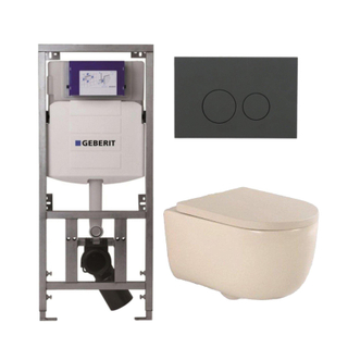 QeramiQ Dely Swirl Toiletset - 36.3x51.7cm - Geberit UP320 inbouwreservoir - met Burda frame - 35mm zitting - bedieningsplaat mat antraciet - ronde knoppen - beige