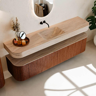 MONDIAZ THOR-DLUX Meuble de salle de bains - 190cm - arrondi gauche + droite - couleur Ruby - 2 tiroirs et 2 portes - Vasque suspendue CLOUD Milieu sans trou de robinet couleur Saba