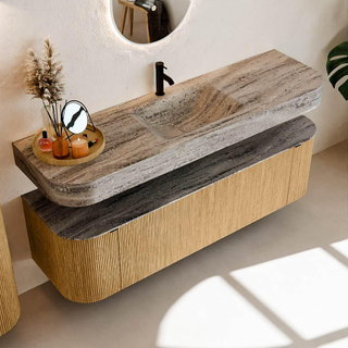 MONDIAZ THOR-DLUX 160cm badmeubel ronding links + rechts kleur Oak met 1 lade en 2 deuren. Vrijhangende wastafel CLOUD Midden 1 kraangat kleur Oza.