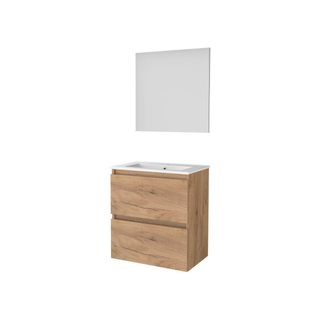 Basic-Line Basic 39 ensemble de meubles de salle de bain 60x39cm sans poignée 2 tiroirs lavabo en porcelaine 1 trou pour robinet miroir mfc whisky oak