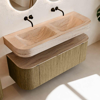 MONDIAZ THOR-DLUX 130cm meuble de salle de bains arrondi gauche + droite couleur Dusk avec 1 tiroir et 2 portes. Vasque suspendue CLOUD Double sans trou de robinet couleur Saba.