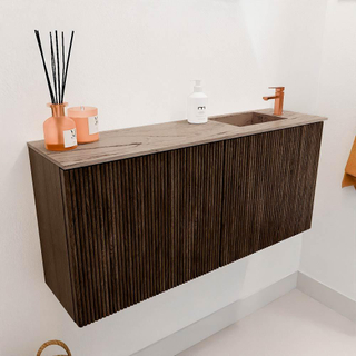 Mondiaz JOYA-DLUX 90cm meuble de salle de bains - couleur Walnut - Vasque FAYE position Droite 1 trou de robinet couleur Arena.