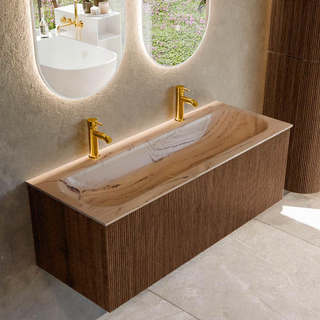 MONDIAZ KURVE-DLUX 120cm badmeubel kleur Walnut met 1 lade en 0 deuren. Wastafel BIG LARGE Midden 2 kraangaten Arena.