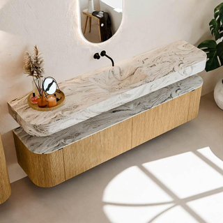 MONDIAZ THOR-DLUX 200cm badmeubel ronding links + rechts kleur Oak met 2 lades en 2 deuren. Vrijhangende wastafel CLOUD Midden zonder kraangat kleur Glace.