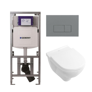 Villeroy & Boch O.novo Toiletset - Geberit inbouwreservoir - diepspoel wandcloset - softclose - bedieningsplaat bedieningsplaat licht grijs - rechthoekige knoppen - wit