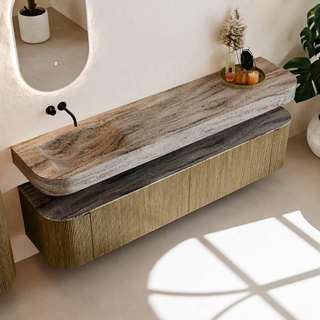 MONDIAZ THOR-DLUX 200cm meuble de salle de bains arrondi gauche + droite couleur Dusk avec 2 tiroirs et 2 portes. Vasque suspendue CLOUD Gauche sans trou de robinet couleur Oza.