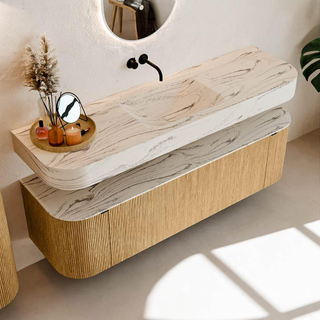 MONDIAZ THOR-DLUX 160cm badmeubel ronding links + rechts kleur Oak met 1 lade en 2 deuren. Vrijhangende wastafel CLOUD Midden zonder kraangat kleur Nata.