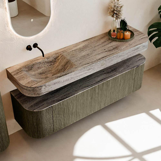 MONDIAZ THOR-DLUX Meuble de salle de bains 170cm arrondi gauche + droite couleur Shadow avec 1 tiroir et 2 portes. Vasque suspendue CLOUD Gauche sans trou de robinet couleur Oza.