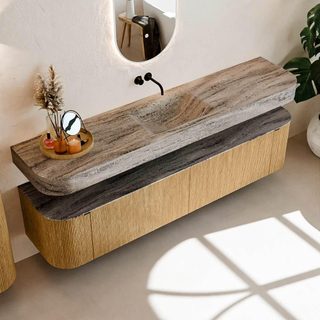 MONDIAZ THOR-DLUX 200cm meuble de salle de bains arrondi gauche + droite couleur Oak avec 2 tiroirs et 2 portes. Vasque suspendue CLOUD Milieu sans trou de robinet couleur Oza.