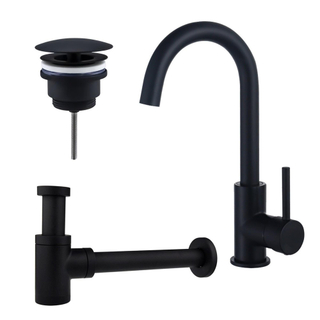 Fortifura Calvi Kit robinet lavabo - robinet haut - bec rotatif - bonde non-obturable - siphon design bas - Noir mat