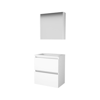 Basic-Line Comfort 39 ensemble de meubles de salle de bain 60x39cm sans poignée 2 tiroirs lavabo en porcelaine 1 trou de robinetterie armoire de toilette mdf laqué blanc glacier