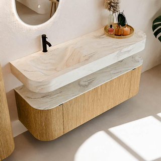 MONDIAZ THOR-DLUX 140cm meuble de salle de bains arrondi gauche + droite couleur Oak avec 1 tiroir et 2 portes. Vasque suspendue CLOUD Gauche 1 trou de robinet couleur Ostra.