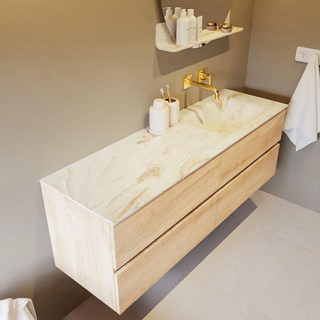 Mondiaz VICA-DLUX ensemble de meuble de salle de bain - 150cm - meuble sous-vasque chêne blanchi - 4 tiroirs - lavabo encastré cloud droite - sans trous de robinet - version haute de 60cm - frape