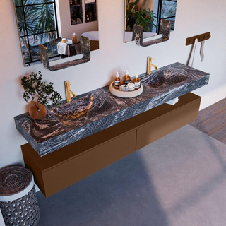 Mondiaz ALAN-DLUX Ensemble de meuble - 200cm - meuble Rust mat - 2 tiroirs - Lavabo Cloud Lava suspendu - vasque Gauche et droite - 2 trous de robinet