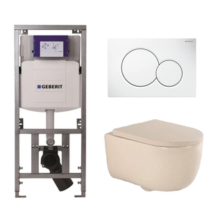 QeramiQ Dely Swirl Toiletset - 36.5x53cm - Geberit UP320 Burda inbouwreservoir - 35mm zitting - witte sigma bedieningsplaat - ronde knoppen - beige