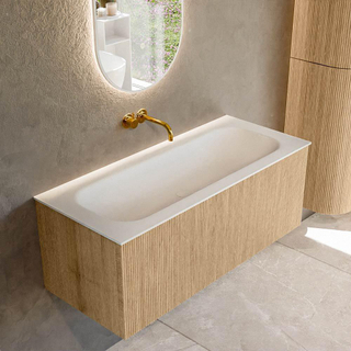 MONDIAZ KURVE 110cm Meuble salle de bain - couleur Oak - 1 tiroir - vasque BIG MEDIUM centre - sans trous de robinet - Talc