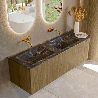 Ensemble de meuble de salle de bain Mondiaz KURVE-DLUX - 145x46x40cm - 1 tiroir - 1 porte - lavabo en solid surface - double / gauche - sans trou de robinet - Dusk