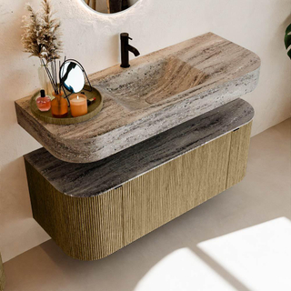 MONDIAZ THOR-DLUX Meuble de salle de bains 120cm arrondi gauche + droite couleur Dusk avec 1 tiroir et 2 portes. Vasque suspendue CLOUD Milieu 1 trou de robinet couleur Oza.