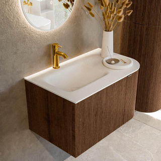 MONDIAZ KURVE 75cm Meuble salle de bain avec module 25 D - couleur Walnut - 1 tiroir - 1 porte - vasque GRUNNE gauche - 1 trou de robinet - Talc