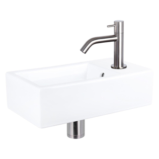 Differnz Force Set lave-mains 40x22x8cm 1 trou avec robinet courbé et siphon + bonde chrome mat Rectangulaire Céramique Blanc