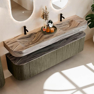 MONDIAZ THOR-DLUX 180cm meuble de salle de bains arrondi gauche + droite couleur Shadow avec 2 tiroirs et 2 portes. Vasque suspendue CLOUD Double 2 trous de robinet couleur Sombra.