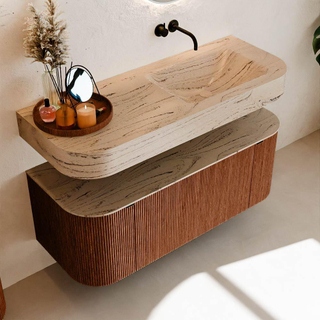 MONDIAZ THOR-DLUX 120cm meuble de salle de bains arrondi gauche + droite couleur Ruby avec 1 tiroir et 2 portes. Vasque suspendue CLOUD Droite sans trou de robinet couleur Arena.