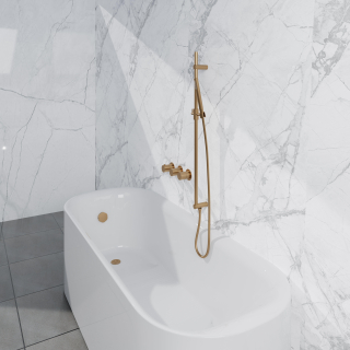 Fortifura Nebbio Ensemble combiné bain - mitigeur thermostatique - barre coulissante avec coude mural intégré - flexible de douche métallique - douchette à main sur barre - Remplissage-vidage de baignoire - laiton brossé PVD (or)