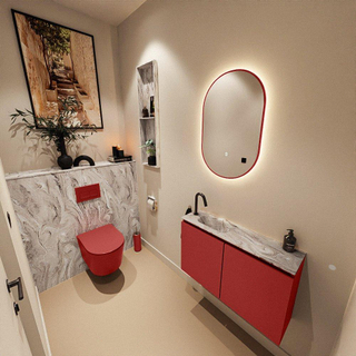 MONDIAZ TURE-DLUX Meuble toilette - 80cm - Fire - EDEN - vasque Glace - position gauche - 1 trou de robinet