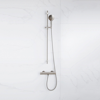 FugaFlow Eccelente Sobrado Ensemble de douche barre curseur avec douchette ronde, flexible en métal et robinet de douche Inox brossé PVD