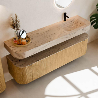 MONDIAZ THOR-DLUX 170cm badmeubel ronding links + rechts kleur Oak met 1 lade en 2 deuren. Vrijhangende wastafel CLOUD Rechts 1 kraangat kleur Arena.