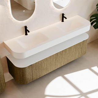 MONDIAZ THOR Meuble de salle de bains 170cm arrondi gauche + droite couleur Dusk avec 1 tiroir et 2 portes. Vasque suspendue CLOUD Double 2 trous de robinet couleur Talc.