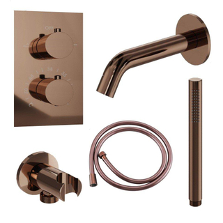 FugaFlow Eccelente Acces Badkraan set - uitloop - 22cm inkortbaar - gladde slang - staafhanddouche - inbouwdeel - wandhouder - geborsteld koper PVD