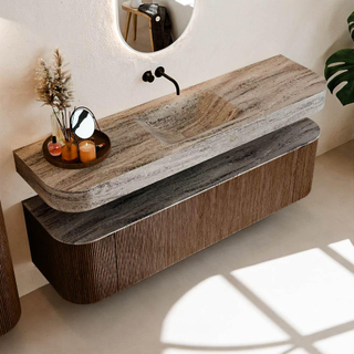 MONDIAZ THOR-DLUX Meuble de salle de bains - 170cm - arrondi gauche + droite - couleur Walnut - 1 tiroir et 2 portes - Vasque suspendue CLOUD Milieu sans trou de robinet couleur Oza