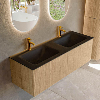 MONDIAZ KURVE 130cm Meuble salle de bain - couleur Oak - 2 tiroirs - vasque CLOUD double - 2 trous de robinet - Urban