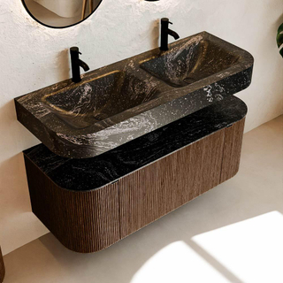 MONDIAZ THOR-DLUX 120cm meuble de salle de bains arrondi gauche + droite couleur Walnut avec 1 tiroir et 2 portes. Vasque suspendue CLOUD Double 2 trous de robinet couleur Lava.