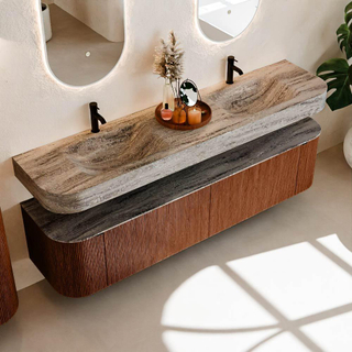 MONDIAZ THOR-DLUX Meuble de salle de bains 190cm arrondi gauche + droite couleur Ruby avec 2 tiroirs et 2 portes. Vasque suspendue CLOUD Double 2 trous de robinet couleur Oza.