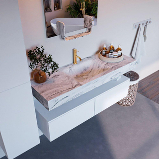 Mondiaz ALAN-DLUX Ensemble de meuble - 130cm - meuble Talc mat - 2 tiroirs - Lavabo Cloud Glace suspendu - vasque Centre - 1 trou de robinet