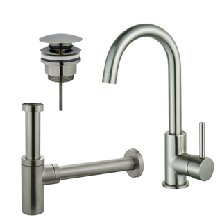 Fortifura Calvi Kit robinet lavabo - robinet haut - bec rotatif - bonde clic clac - siphon design - Inox brossé PVD