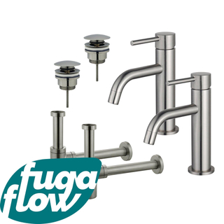 FugaFlow Eccelente Sobrado Badkamer Slim Wastafelkraanset - voor dubbele wastafel - lage wastafelkraan - klikwaste plug - design sifon - PVD Geborsteld RVS