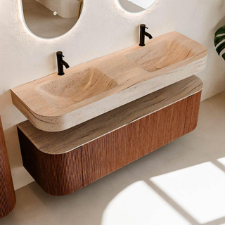 MONDIAZ THOR-DLUX 150cm meuble de salle de bains arrondi gauche + droite couleur Ruby avec 1 tiroir et 2 portes. Vasque suspendue CLOUD Double 2 trous de robinet couleur Saba.