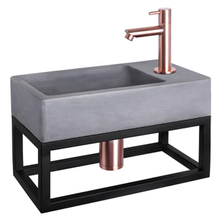 Differnz Force kit lave-mains - 40x22x8cm - Rectangulaire - 1 trou de robinet - Robinet rose cuivre droit - avec cadre noir - Béton Gris