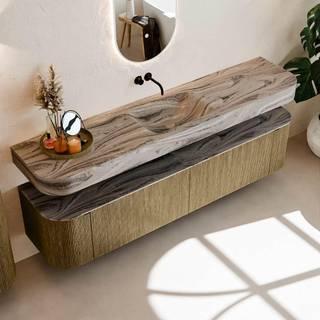 MONDIAZ THOR-DLUX 200cm meuble de salle de bains arrondi gauche + droite couleur Dusk avec 2 tiroirs et 2 portes. Vasque suspendue CLOUD Milieu sans trou de robinet couleur Sombra.