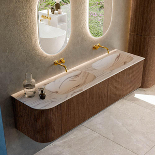 MONDIAZ KURVE-DLUX 175cm badmeubel ronding Links kleur Walnut met 2 lades en 1 deur. Wastafel STOR SMALL Dubbel / Rechts zonder kraangat Nata.