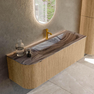 MONDIAZ KURVE-DLUX 135cm badmeubel ronding Links kleur Oak met 1 lade en 1 deur. Wastafel BIG MEDIUM Rechts 1 kraangat Sombra.