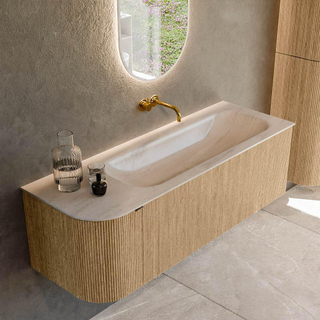 MONDIAZ KURVE-DLUX 135cm badmeubel ronding Links kleur Oak met 1 lade en 1 deur. Wastafel BIG MEDIUM Rechts zonder kraangat Meli.