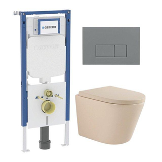 QeramiQ Dely Toiletset - 36.3x51.7cm - diepspoel - rimless - Geberit UP720 inbouwreservoir - softclose toilet zitting 35mm - bedieningsplaat licht grijs - rechthoekige knoppen - mat beige